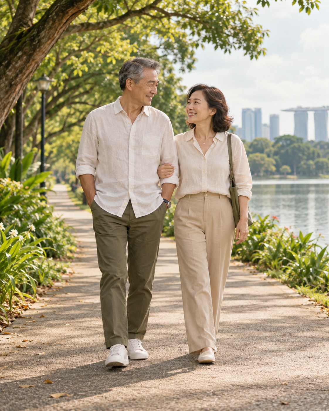 Illustrative scene of a mature couple walking together beside the water in a leafy Singapore park